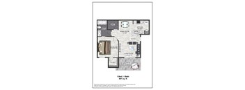 A floor plan of a small apartment with one bedroom and one bathroom.