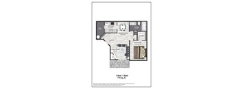 A floor plan of a small apartment with a living room, kitchen, dining room, bedroom, bathroom, and closet.