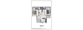 A floor plan of a 2 bedroom, 2 bathroom apartment sized 1056 sq.ft.