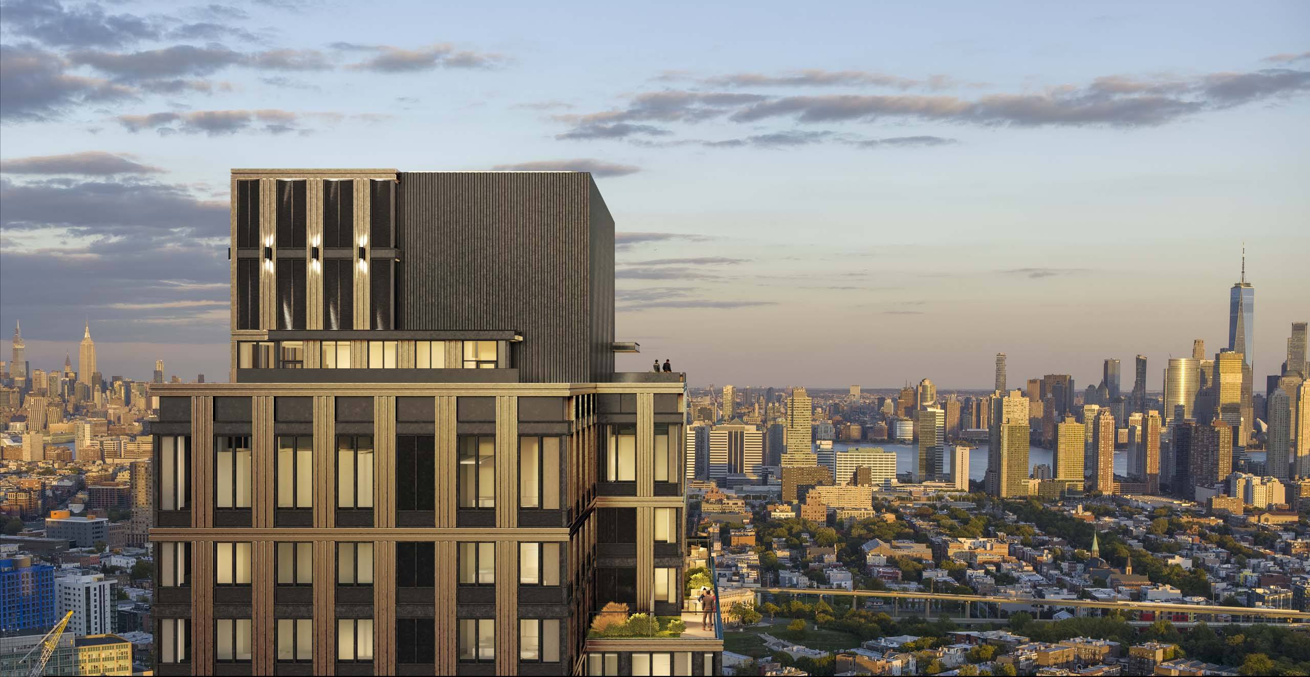 A modern building with a glass facade stands out against the city skyline.