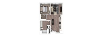 A floor plan of a small apartment with a kitchen, living room, and bathroom.