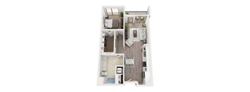 A floor plan of a small apartment with a kitchen, living room, and bathroom.