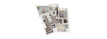 A top-down view of a small apartment with a living room, kitchen, and bedroom.