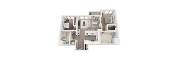 A 3D floor plan of a house with a kitchen, living room, and two bedrooms.