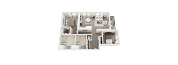 A 3D floor plan of a house with a living room, kitchen, and two bedrooms.