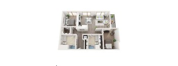 A floor plan of a house with a living room, kitchen, and two bedrooms.