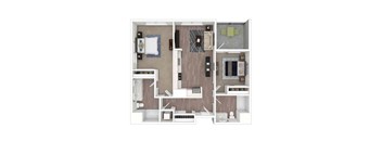 A 3D floor plan of a small apartment with a kitchen, living room, and bathroom.