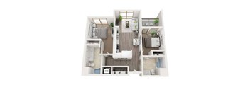 A floor plan of a small apartment with a kitchen, living room, and bathroom.