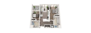 A top-down view of a small apartment with a kitchen, living room, and bathroom.