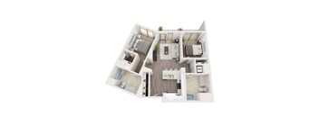 A 3D floor plan of a house with a kitchen, living room, and two bedrooms.