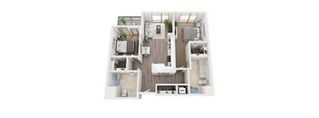 A top-down view of a small apartment layout with a kitchen, living room, and bathroom.