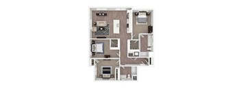 A top-down view of a house layout with a living room, kitchen, dining area, and bedrooms.