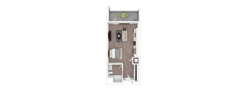 A floor plan of a small apartment with a kitchen, living room, and bathroom.