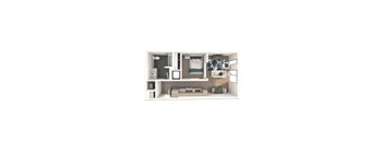 A white and grey dollhouse with a kitchen, living room, and bathroom.