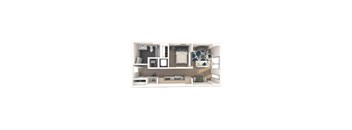 A floor plan of a small apartment with a kitchen, living room, and bedroom.