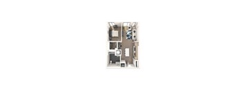 A top-down view of a small apartment with a kitchen, living room, and bathroom.