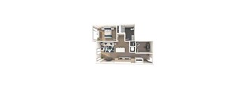 A top-down view of a small apartment with a kitchen, living room, and bedroom.