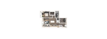 A top-down view of a small apartment with a living room, kitchen, and bedroom.
