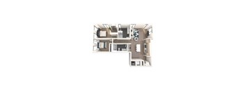 A top down view of a house with a kitchen, living room, and two bedrooms.