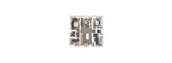 A top down view of a small apartment with a kitchen, living room, and bathroom.