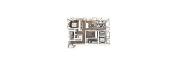 A floor plan of a small apartment with a kitchen, living room, and bedroom.