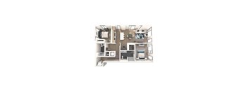 A floor plan of a small apartment with a kitchen, living room, and two bedrooms.