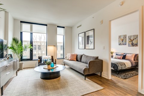 A living room with a grey couch and a coffee table.