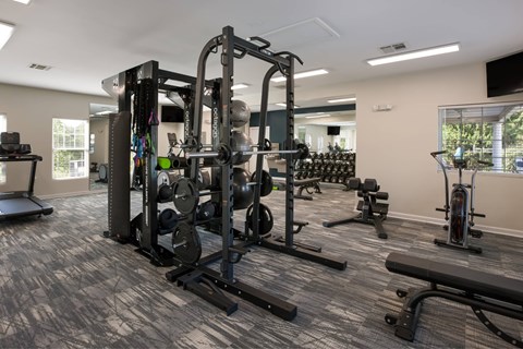 A gym with a variety of equipment including a squat rack, dumbbells, and a bench.
