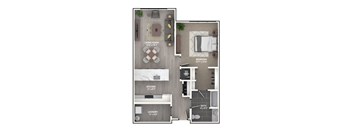 A floor plan of a small apartment with a living room, bedroom, kitchen, and bathroom.