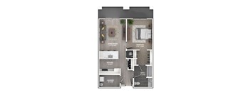A floor plan of a one bedroom apartment with a living room, bedroom, kitchen, bathroom, and laundry room.