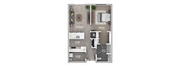 A floor plan of a small apartment with a living room, bedroom, kitchen, bathroom, and laundry area.