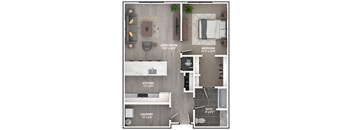 A floor plan of a small apartment with a living room, bedroom, kitchen, and bathroom.