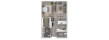 A floor plan of a small apartment with a bedroom, living room, kitchen, bathroom, and laundry area.