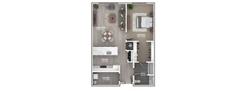 A floor plan of a small apartment with a living room, bedroom, kitchen, laundry, and bathroom.