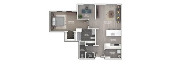 A floor plan of a house showing the layout of the bedrooms, bathrooms, kitchen, and laundry.