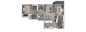 A floor plan of an apartment with a living room, dining room, kitchen, bedrooms, and bathrooms.