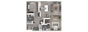 A floor plan of a small apartment with a living room, kitchen, two bedrooms, a bathroom, and a mech.