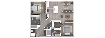 A floor plan of a house with a living room, kitchen, two bathrooms, and two bedrooms.