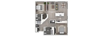A floor plan of a small apartment with a living room, two bedrooms, a kitchen, a bathroom, and a mechanical room.