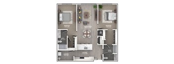 A floor plan of an apartment with three bedrooms, a living room, a kitchen, a bathroom, and a laundry area.