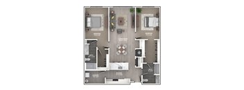 A floor plan of a home with two bedrooms, a living room, a kitchen, a bath, and a laundry area.