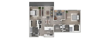 A floor plan of a house showing the layout of the bedrooms, bathrooms, living room, kitchen, and laundry area.