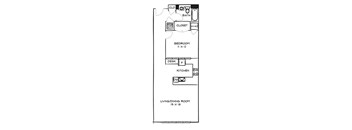 A floor plan of a small apartment with a bedroom, living room, kitchen, and bathroom.