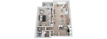 A 3D floor plan of a small apartment with a living room, kitchen, bedroom, and bathroom.