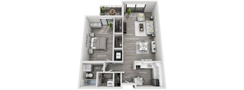 A floor plan of an apartment with a living room, kitchen, and bathroom.