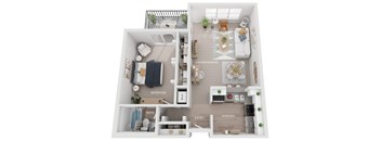 A small apartment layout with a living area, kitchen, and bathroom.