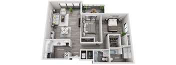 A floor plan of a small apartment with a kitchen, living room, dining room, bedroom, bathroom, and walk-in closet.