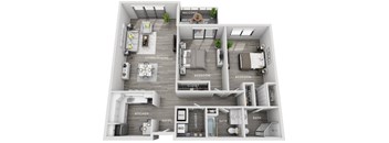 A 3D floor plan of a house showing the layout of the living room, kitchen, bedrooms, bathrooms, and other rooms.