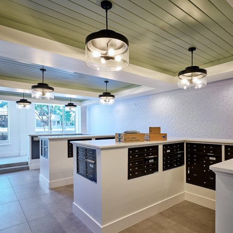 A kitchen with white counter tops and black drawers.