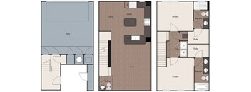 A floor plan of a house with a kitchen, living room, and bathrooms.